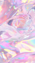 Fototapeta premium 3D iridescent glossy pastel rainbow water holographic ocean wave dynamic motion splash flow surface with sun glare glittering shimmering background for graphic design and wallpaper with copy space