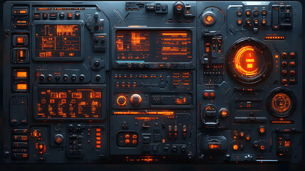 Obraz premium Futuristic Sci-Fi Control Panel with Glowing Orange Lights and Buttons, a Detailed 3D Rendered Interface