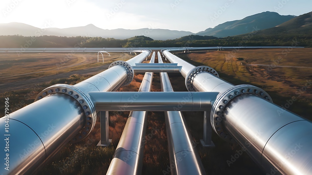 Poster pipeline infrastructure: aerial view of a network of large industrial pipelines traversing a landsca