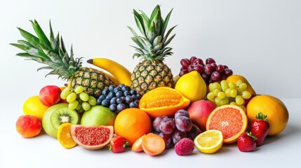 Colorful assortment of fresh fruits including pineapples, bananas, and more