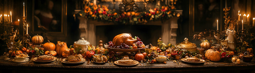 A Festive Thanksgiving Table Setting with Roasted Turkey, Pumpkins, and Candelabras