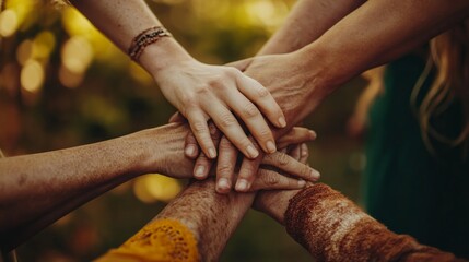 Four hands stacked on top of each other, symbolizing unity and teamwork.