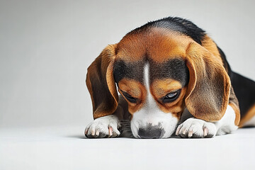 Adorable Beagle Dog Puppy Sleeping Peacefully, Playful, Happy - Closeup of Cute Pet Dog with Relaxed Expressions in Studio Lighting with Copy Space