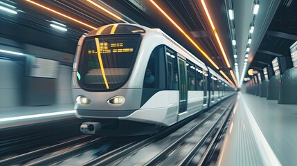 Fototapeta premium Train moving at high speed through airport station. Public transportation, metro, travel, commuting, city transit, and passenger service.