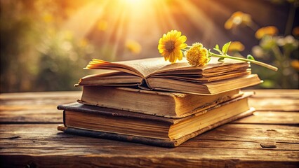 A stack of weathered books, gently kissed by the golden rays of a setting sun, adorned with a delicate bloom, whispering stories of forgotten times.