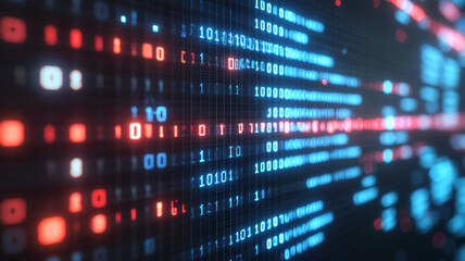 Obraz premium Digital data streams create vibrant cyberpunk background with red and blue binary code. This visually striking image evokes sense of technology and innovation
