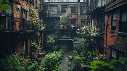 Fototapeta premium Urban courtyard with overgrown vegetation surrounded by brick building 