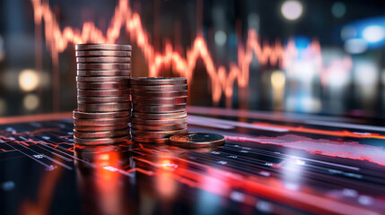 Stacked coins with financial data trends create dynamic investment atmosphere