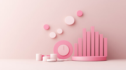 Stylish pink geometric shapes represent financial data trends and performance