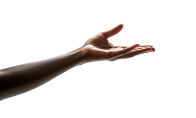 A dark-skinned hand with an open palm and cupped fingers is outstretched, isolated on a transparent background.