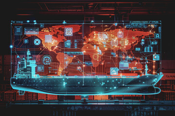 Futuristic hologram of icons and diagrams around a large freighter panorama.