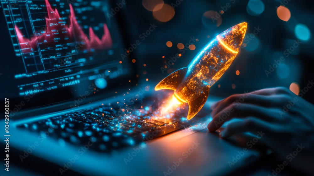Poster digital rocket launching from laptop while someone types code in a darkened environment filled with 