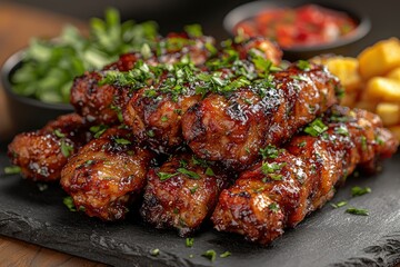 Close-up of Glazed Meat Skewers with Green Herbs on a Black Slate Plate
