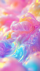 Obraz premium 3D iridescent glossy pastel rainbow water holographic ocean wave dynamic motion splash flow surface with sun glare glittering shimmering background for graphic design and wallpaper with copy space