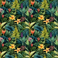 Obraz premium Vibrant tropical leaves and flowers seamless pattern. Pattern for wallpaper, background, print on fabric and paper.