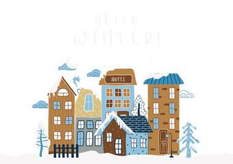 Fototapeta premium European winter houses, trees snow, with a composition hand-drawn pattern. cute, childish, trend background. flat, cartoon, urban style. for print, paper, banner. art png illustration.