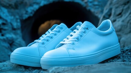 Sleek white sneakers rest on rocky terrain, blending style with rugged adventure, AI