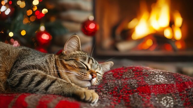 a cat napping by the fireplace in a christmas decorated living room