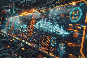 Fototapeta premium Futuristic hologram of icons and diagrams around a large freighter panorama.