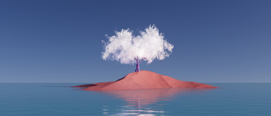 A tree is growing on a small island in the ocean