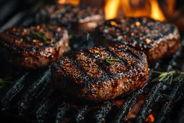 Close-up of Grilled Steaks with Rosemary and Spices on a Charcoal Grill