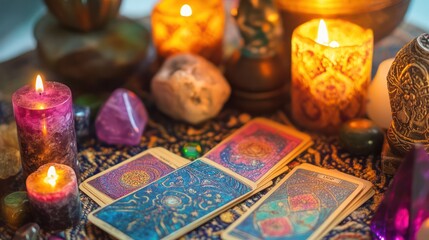 A multicultural team of individuals exploring tarot readings as a tool for personal empowerment, guided by experts in spiritual and emotional development.