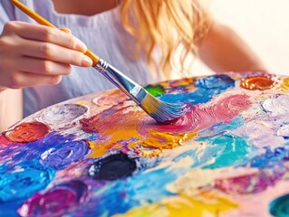 Obraz premium A close-up of a person painting on a colorful palette with a brush.