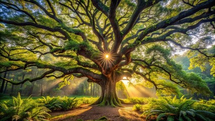 Fototapeta premium A Majestic Tree Bathed in Golden Sunlight, Its Branches Reaching Skyward, Creating a Natural Cathedral of Light