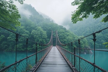 Obraz premium A bridge connecting two distant shores over a river, symbolizing overcoming challenges and unity --ar 3:2 --style raw --v 6.1 Job ID: f5d0b7d6-e33b-4d95-b01a-8d3f7e4bd6e0