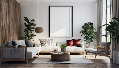 Fototapeta premium Mock up poster frame in home interior background, Modern style living room, 3D render