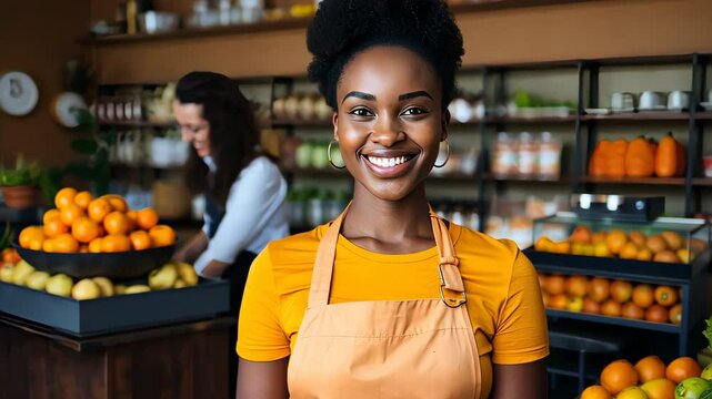 Confident young black woman working in grocery store smiling at camera