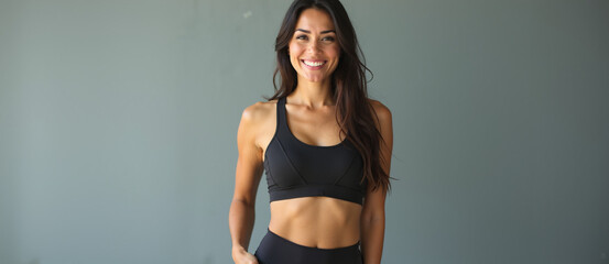 portrait of a fit and confident woman smiling with her hand on her hip, promoting a healthy and active lifestyle.