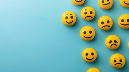 Various smiley and sad face emojis on a blue background.
