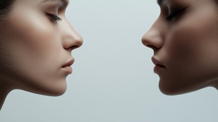 Obraz premium Two women's faces in close profile against a soft gray background.