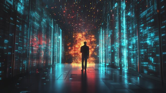 Data processing, digital technology, internet network concept. computer programmer working on big data and computer code with data center, server room as background. Big Data. Ultra realistic.