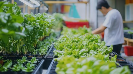 A multicultural team of urban farmers exploring aquaponic techniques for sustainable farming, promoting food security and ecological balance.