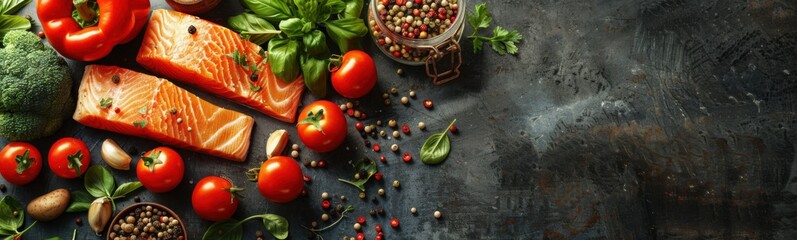 Many different types of food that are on the table, food background, banner, copy space