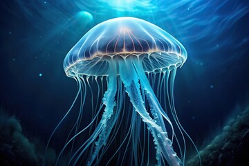 Obraz premium Enigmatic bioluminescent jellyfish swimming in deep sea