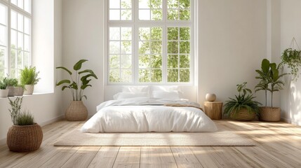 Fototapeta premium Minimalist bedroom with white bed and large window overlooking greenery