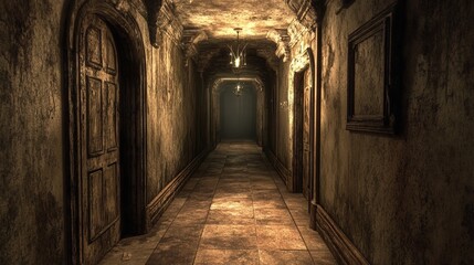Obraz premium Dimly lit interior corridor with worn walls and closed doors