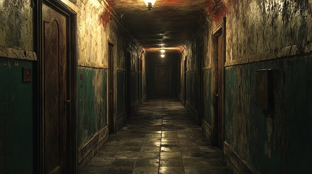 Dimly lit interior corridor with worn walls and closed doors