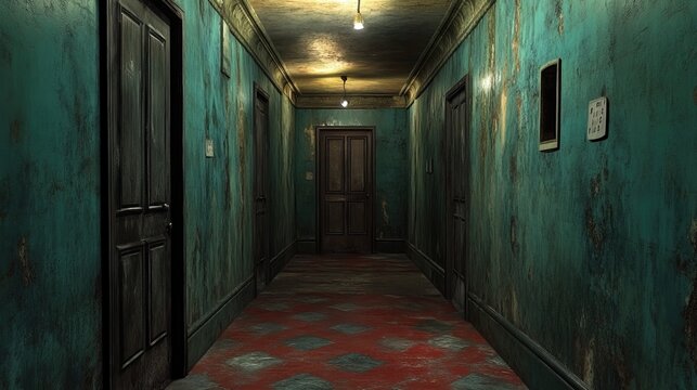 Dimly lit interior corridor with worn walls and closed doors