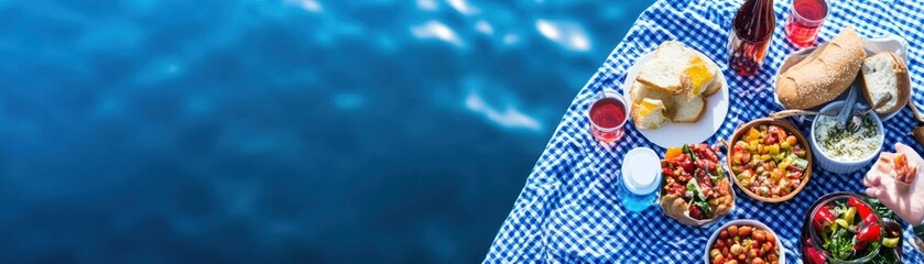 A vibrant picnic spread featuring various dishes by the water.