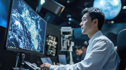 Obraz premium An Asian aerospace engineer presenting satellite solutions for space debris mitigation to a diverse group of global experts in space exploration.