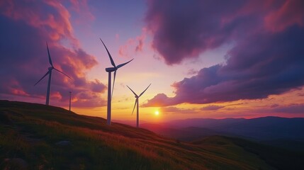 Fototapeta premium Futuristic wind turbines against beautiful landscape