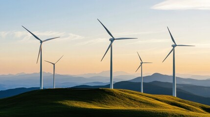 Obraz premium Futuristic wind turbines against beautiful landscape