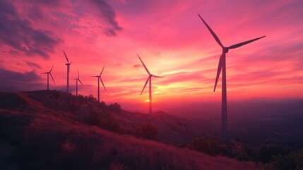 Fototapeta premium Futuristic wind turbines against beautiful landscape