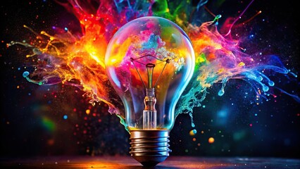 Eureka light bulb with colorful paint energy explosion Extreme Close-Up