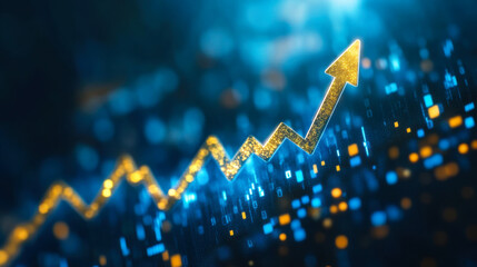 A rising graph illustrating growth trends in data analytics amidst a vibrant blue and gold background