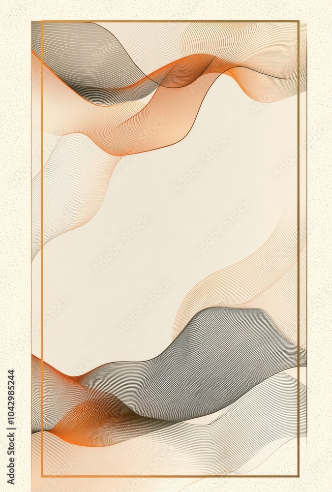 Poster a simple blank page with a golden frame featuring abstract orange and black circular accents and lea